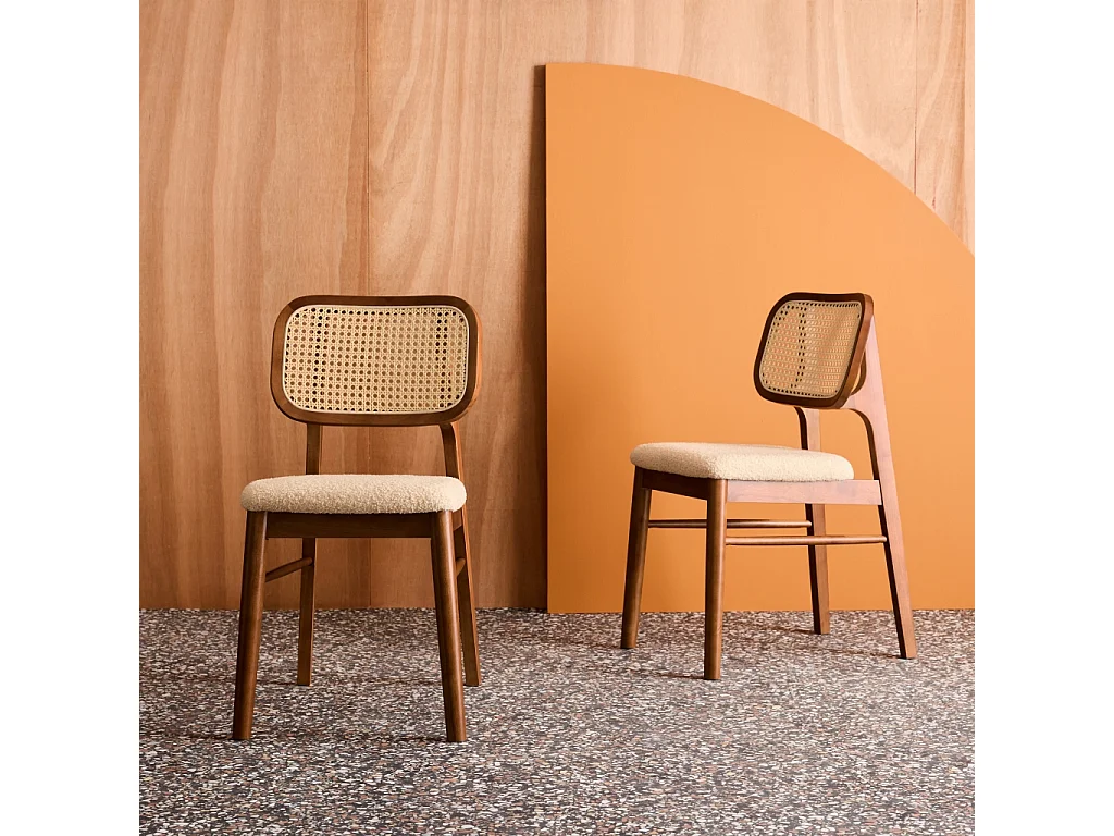 Silla vintage de madera de hévea y borreguito, set de 2 nogal