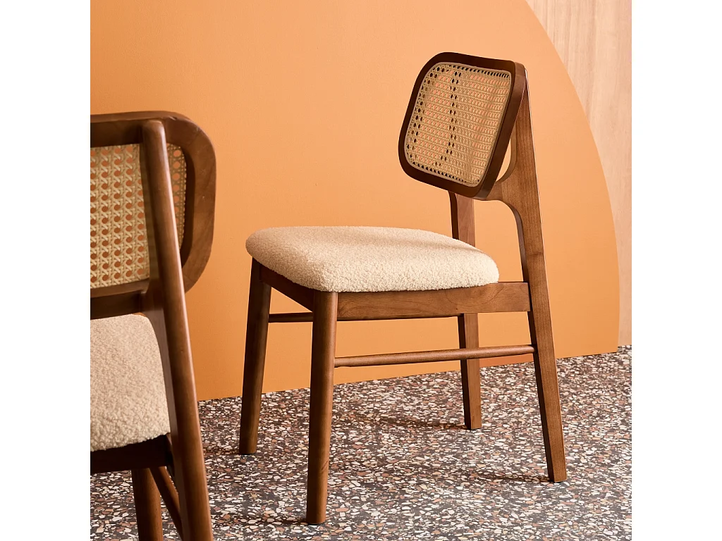 Silla vintage de madera de hévea y borreguito, set de 2 nogal