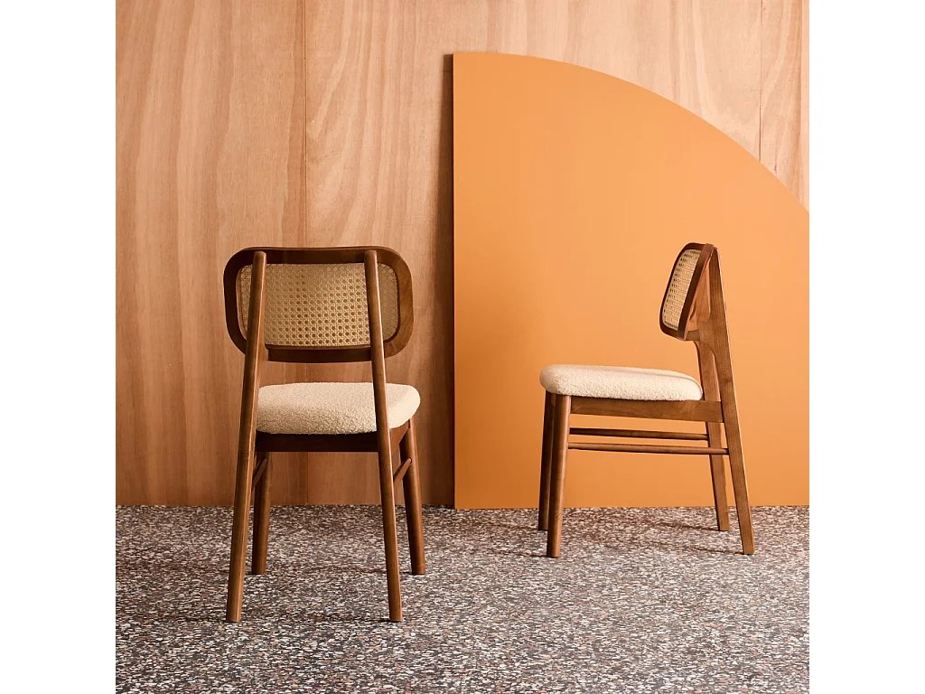 Set di 2 sedie vintage legno di hevea intrecciatura e bouclé, noce