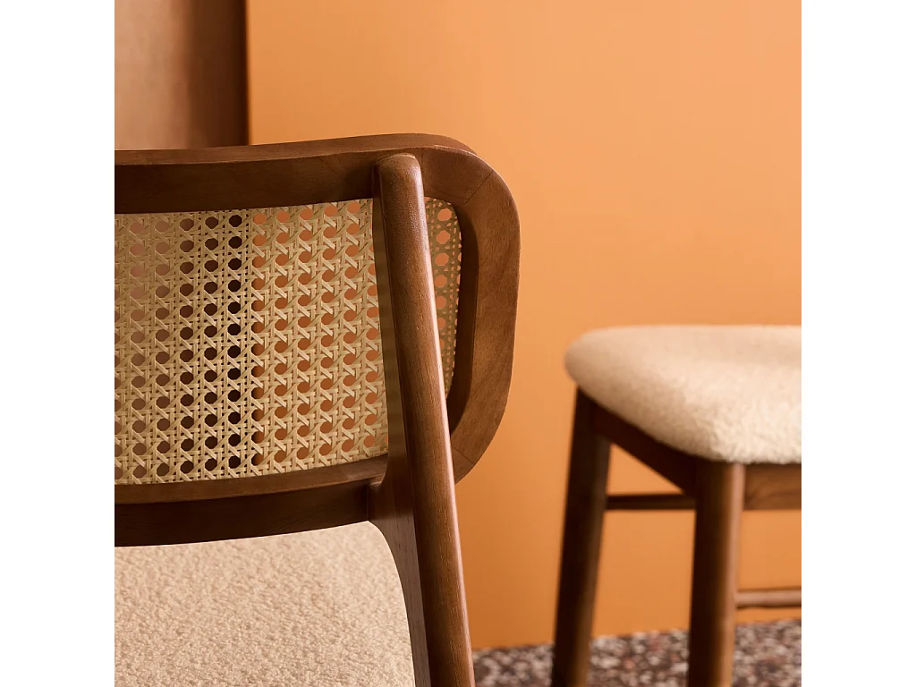 Set di 2 sedie vintage legno di hevea intrecciatura e bouclé, noce