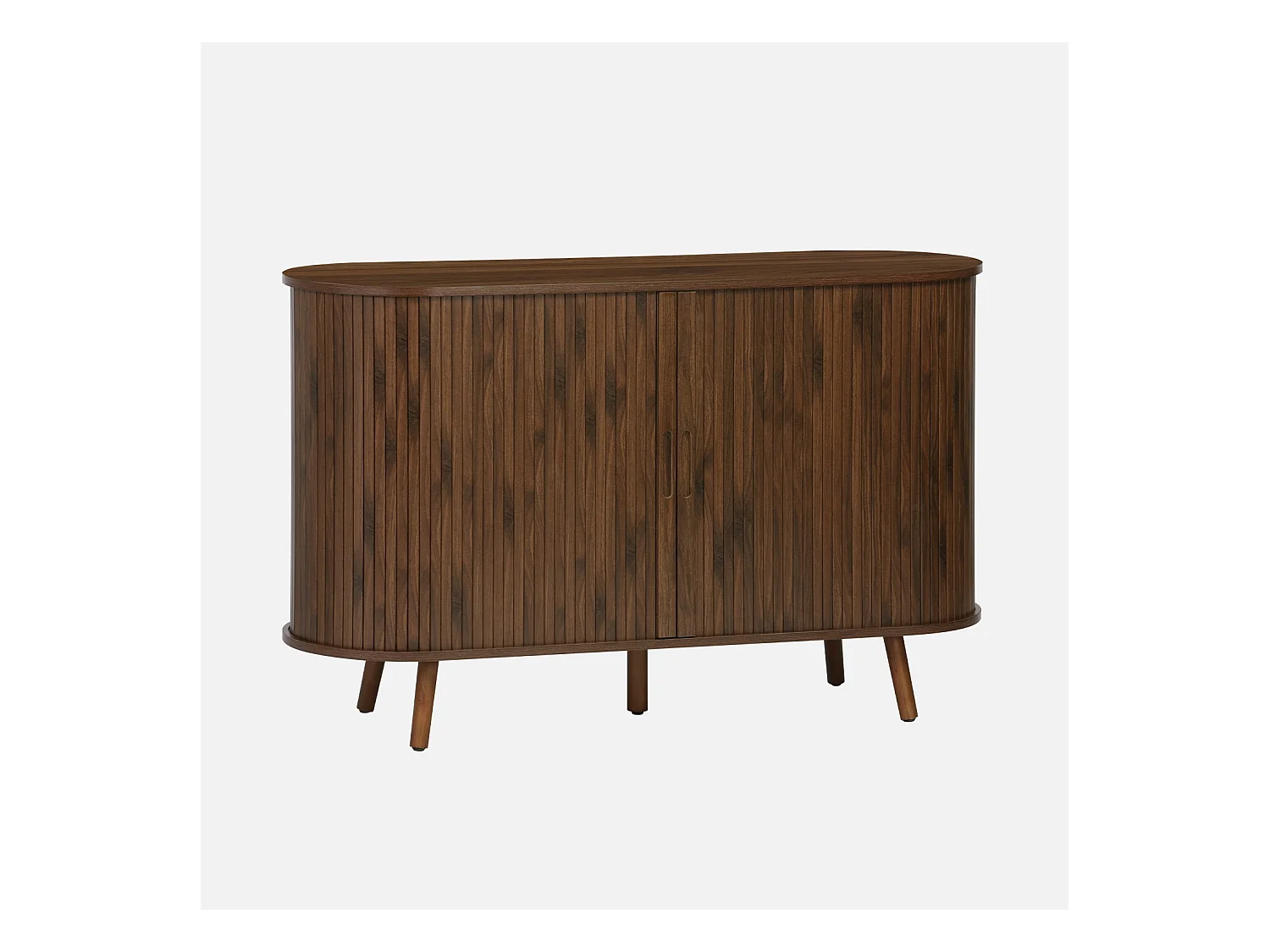Buffet scandinave 2 portes coulissantes. 4 compartiments. effet bois rainuré. couleur noyer. buffet bas. L 120 x P 40 x H 75cm