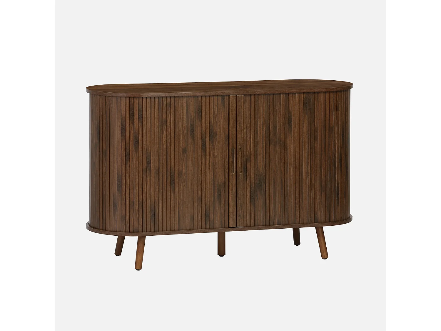 Buffet scandinave 2 portes coulissantes. 4 compartiments. décor bois rainuré. couleur noyer. buffet bas. L 120 x P 40 x H 75cm