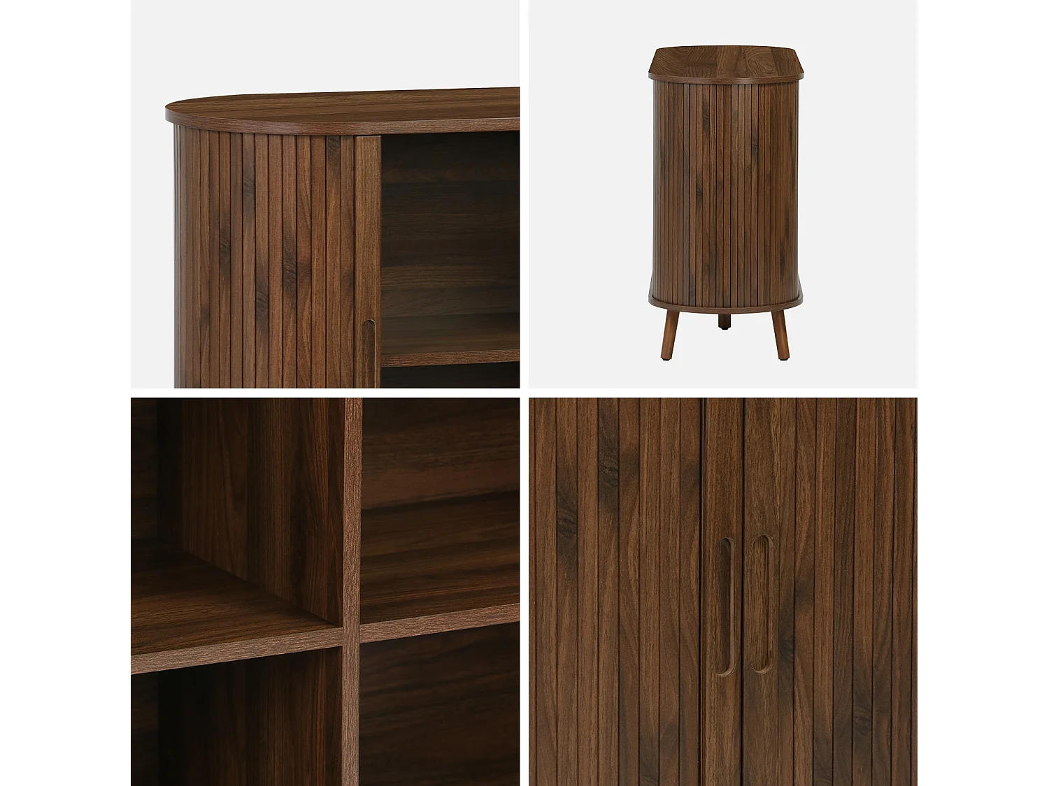 Buffet scandinave 2 portes coulissantes. 4 compartiments. décor bois rainuré. couleur noyer. buffet bas. L 120 x P 40 x H 75cm