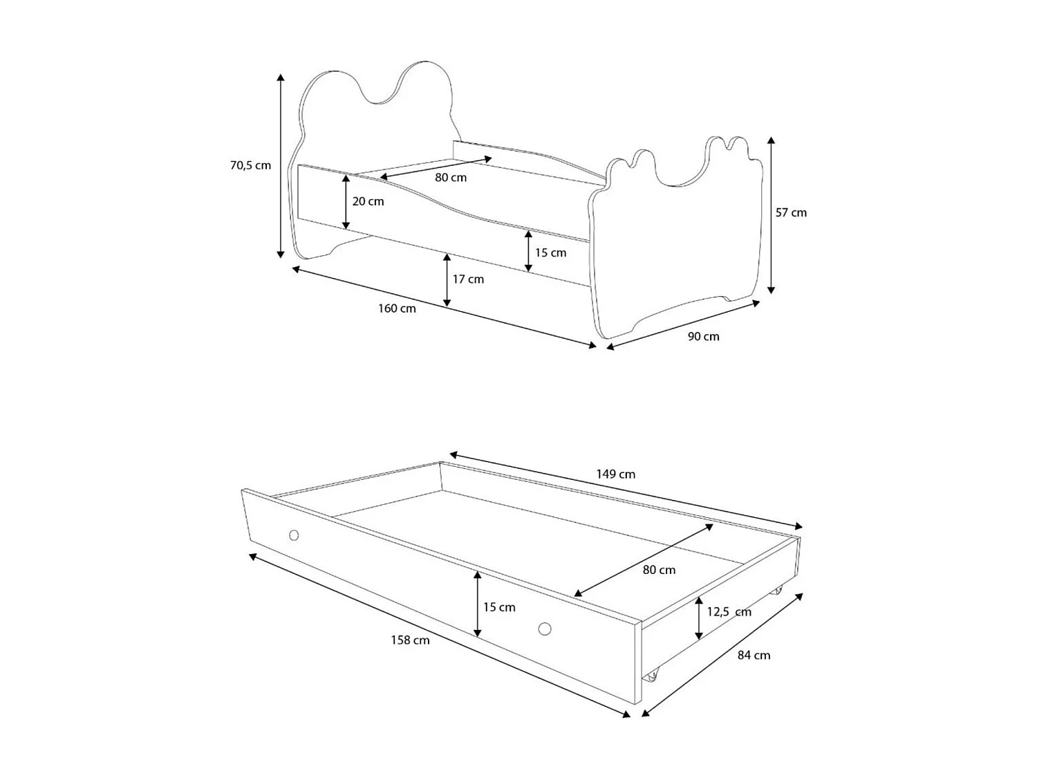 Bett Bran (80x160)/Matratze inklusive/Weiß/Schwarz