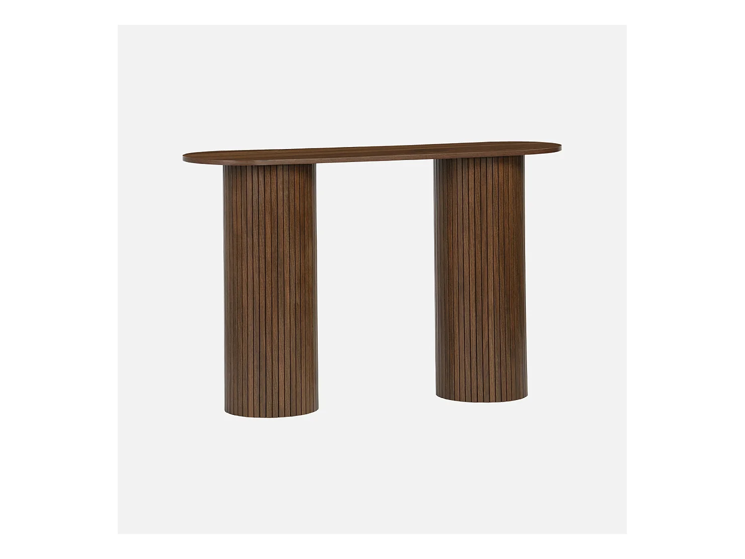 Console ovale scandinave décor bois rainuré. pieds ronds. couleur noyer. L 120 x P 35 x H 75cm