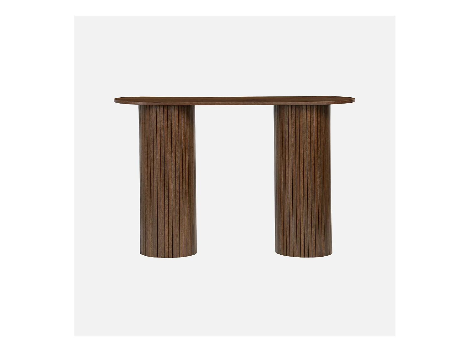 Console ovale scandinave décor bois rainuré. pieds ronds. couleur noyer. L 120 x P 35 x H 75cm