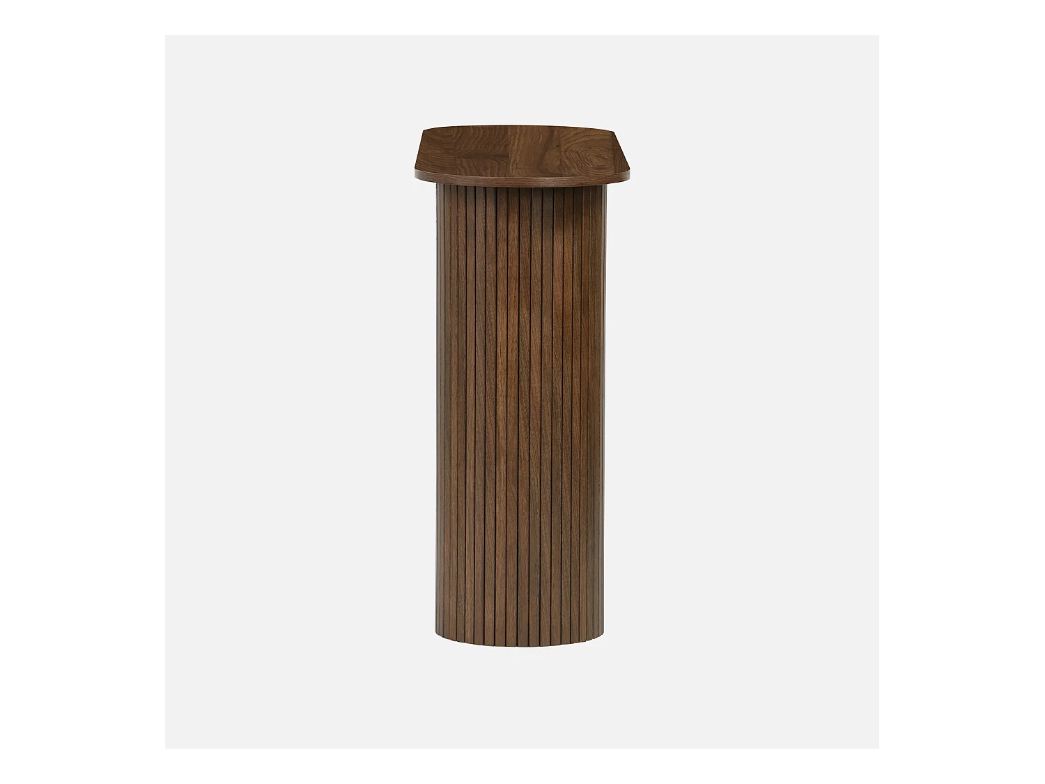 Console ovale scandinave décor bois rainuré. pieds ronds. couleur noyer. L 120 x P 35 x H 75cm