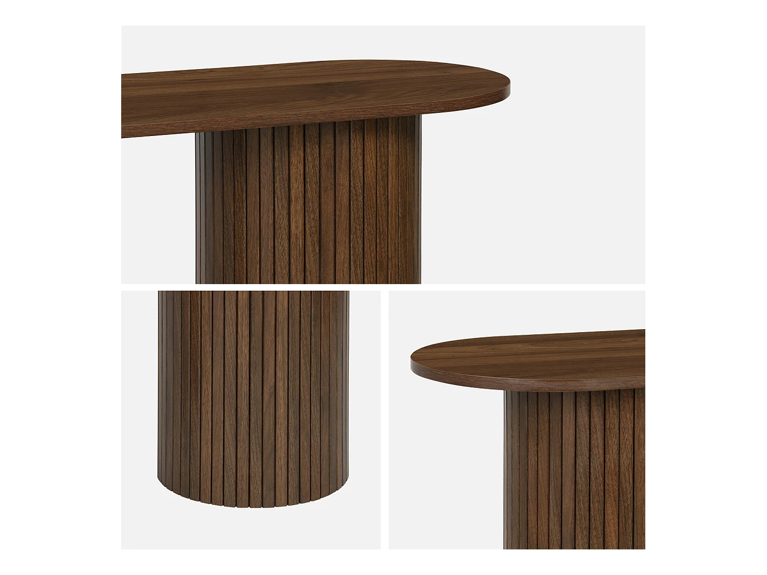 Console ovale scandinave décor bois rainuré. pieds ronds. couleur noyer. L 120 x P 35 x H 75cm