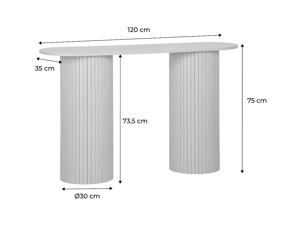 Console ovale scandinave décor bois rainuré. pieds ronds. couleur noyer. L 120 x P 35 x H 75cm
