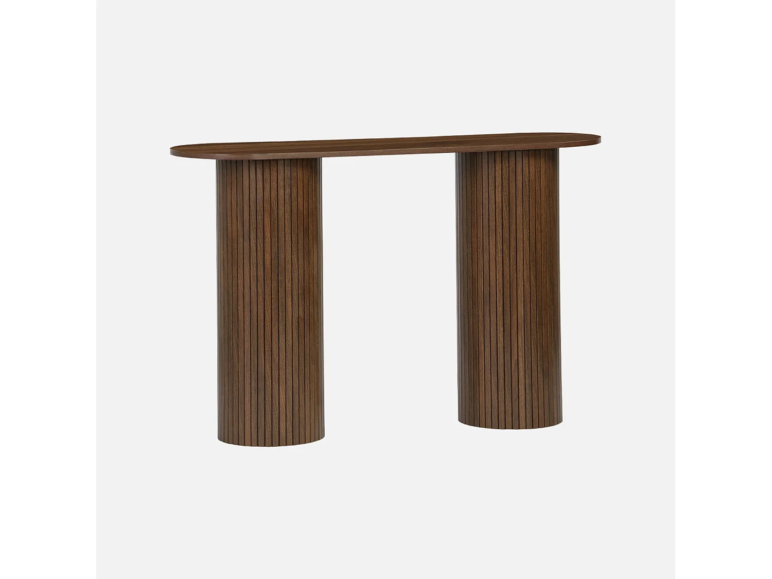 Console ovale scandinave décor bois rainuré. pieds ronds. couleur noyer. L 120 x P 35 x H 75cm