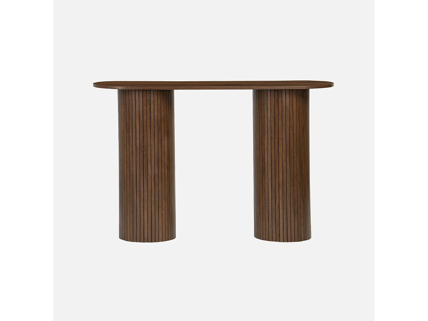 Console ovale scandinave décor bois rainuré. pieds ronds. couleur noyer. L 120 x P 35 x H 75cm