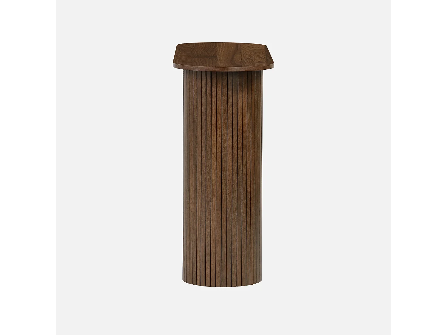 Console ovale scandinave décor bois rainuré. pieds ronds. couleur noyer. L 120 x P 35 x H 75cm