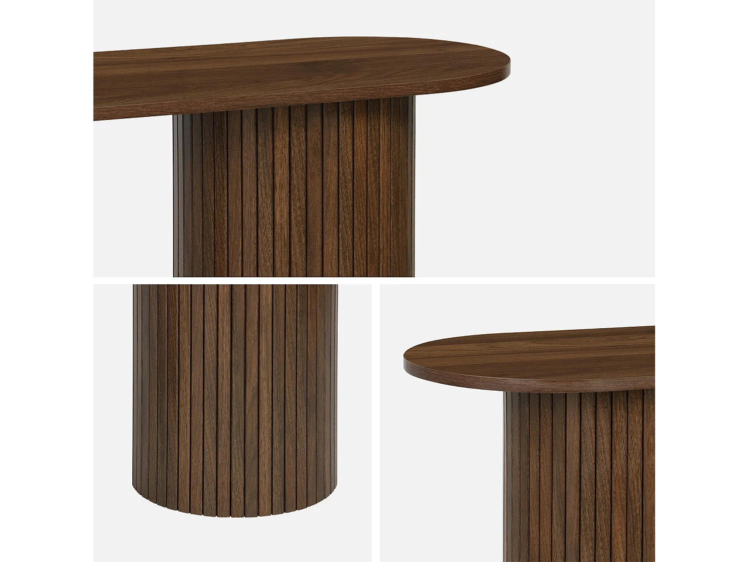 Console ovale scandinave décor bois rainuré. pieds ronds. couleur noyer. L 120 x P 35 x H 75cm