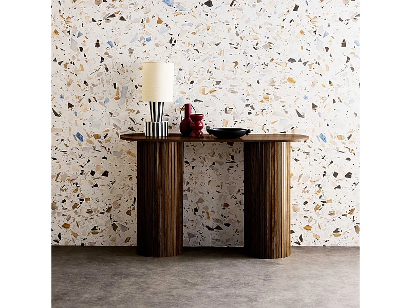 Console ovale scandinave décor bois rainuré. pieds ronds. couleur noyer. L 120 x P 35 x H 75cm