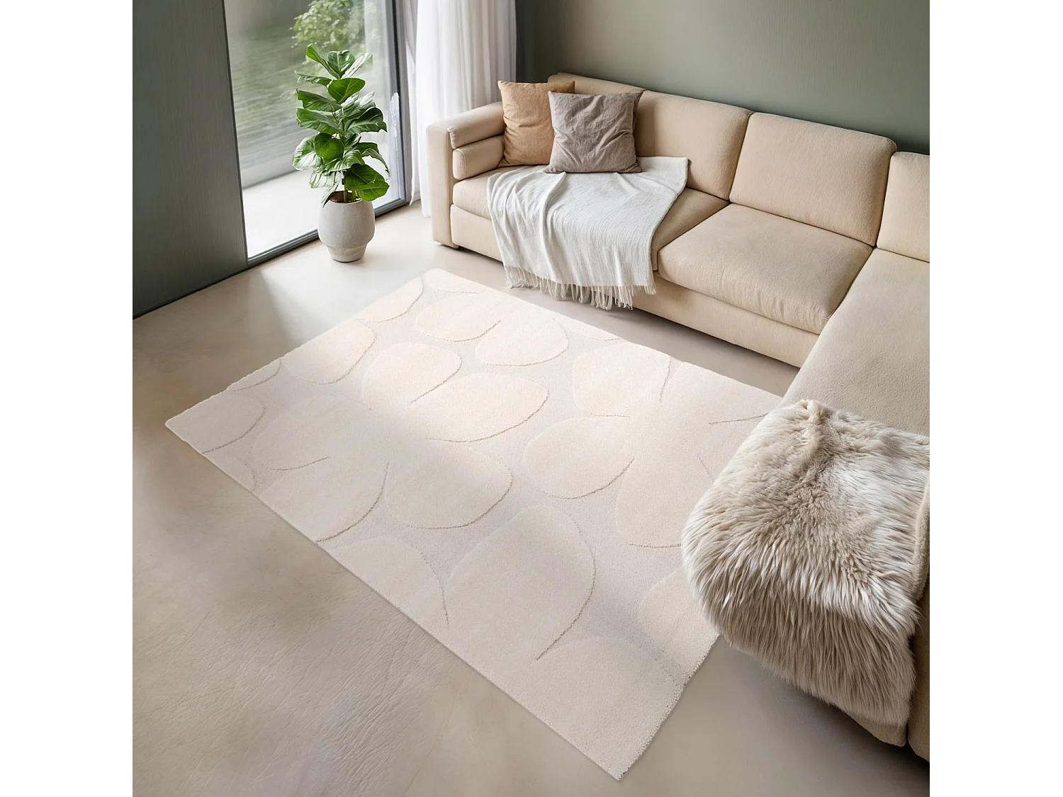Alfombra interior shaggy diseño floral beige