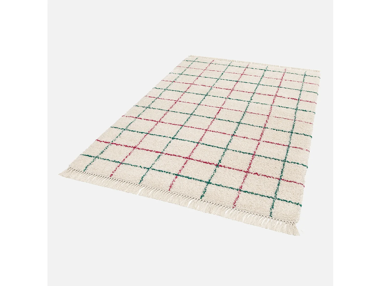 Tappeto interno shaggy motivo a griglia multicolore con frange