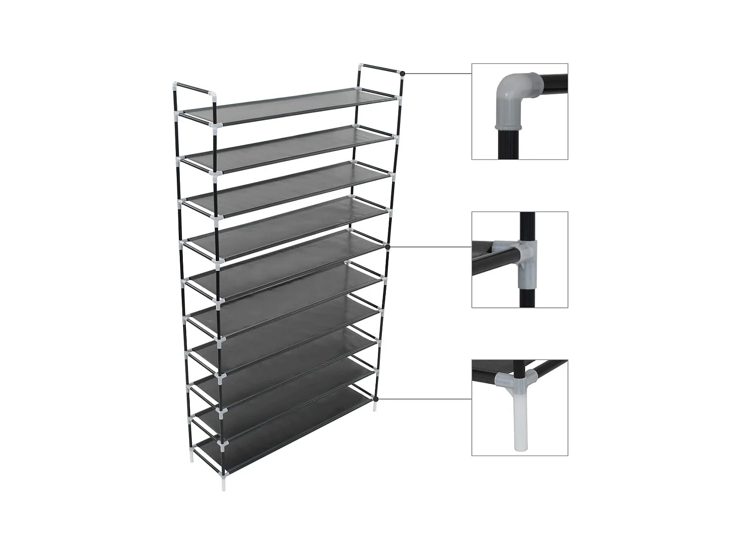 Sapateira Minimalista Naiara com 10 Prateleiras - Preto - Estrutura Metálica e Tecido Não Tecido - 100x29,5x170 cm