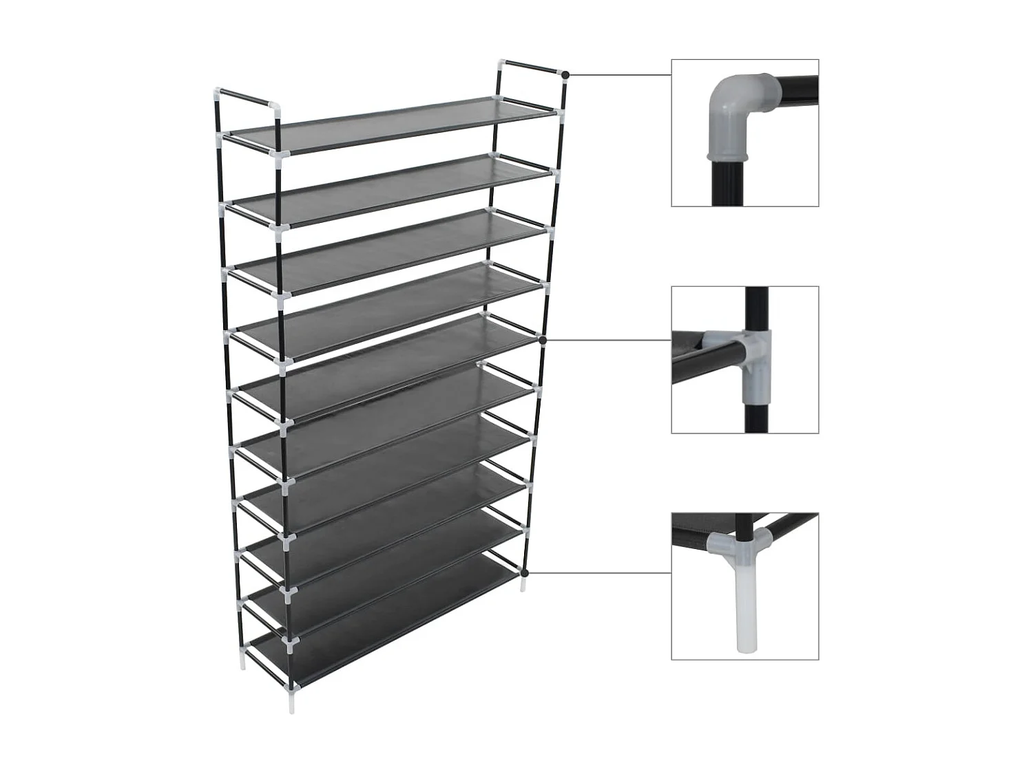 Sapateira Minimalista Naiara com 10 Prateleiras - Preto - Estrutura Metálica e Tecido Não Tecido - 100x29,5x170 cm