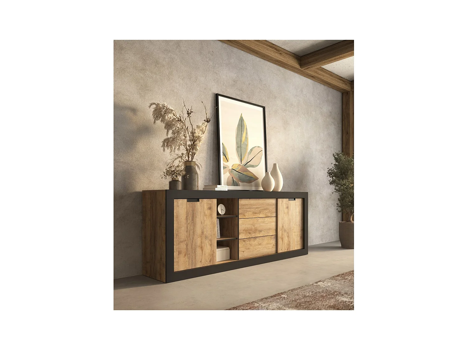 Buffet MEUNIER – 2 puertas corredizas & 3 cajones – Roble Samdal & negro mate – 220×85×45 cm