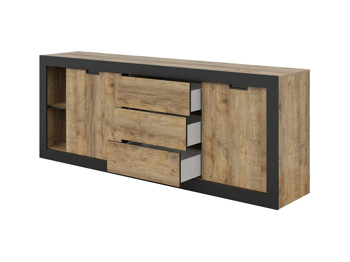 Buffet MEUNIER – 2 puertas corredizas & 3 cajones – Roble Samdal & negro mate – 220×85×45 cm