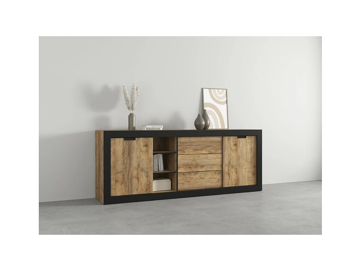 Buffet MEUNIER – 2 puertas corredizas & 3 cajones – Roble Samdal & negro mate – 220×85×45 cm