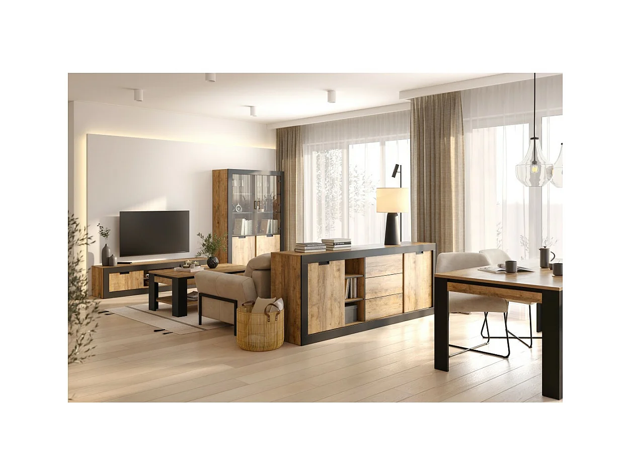 Buffet MEUNIER – 2 puertas corredizas & 3 cajones – Roble Samdal & negro mate – 220×85×45 cm