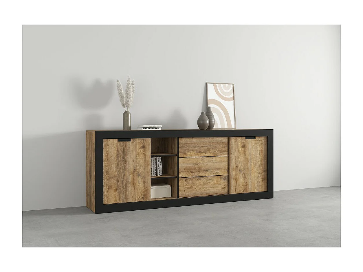 Buffet MEUNIER – 2 puertas corredizas & 3 cajones – Roble Samdal & negro mate – 220×85×45 cm