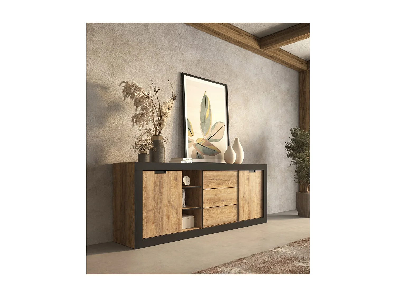 Buffet MEUNIER – 2 puertas corredizas & 3 cajones – Roble Samdal & negro mate – 220×85×45 cm