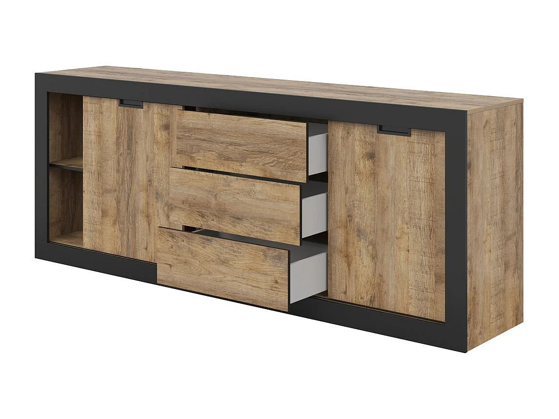 Buffet MEUNIER – 2 puertas corredizas & 3 cajones – Roble Samdal & negro mate – 220×85×45 cm