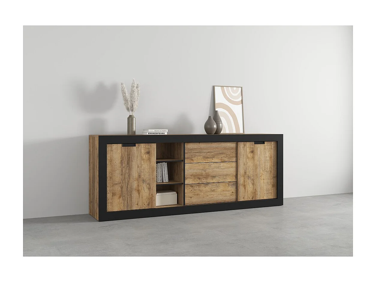 Buffet MEUNIER – 2 puertas corredizas & 3 cajones – Roble Samdal & negro mate – 220×85×45 cm
