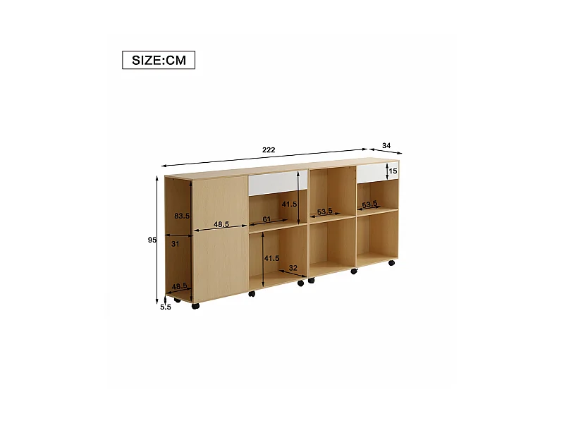 Vetrina 7 nicchie - 2 armadi con rotelle - MDF + Pannello di particelle - Bianco e naturale - 222x34x95 cm