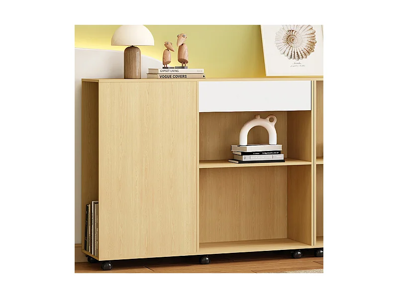 Vetrina 7 nicchie - 2 armadi con rotelle - MDF + Pannello di particelle - Bianco e naturale - 222x34x95 cm