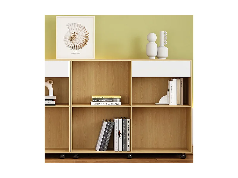 Vetrina 7 nicchie - 2 armadi con rotelle - MDF + Pannello di particelle - Bianco e naturale - 222x34x95 cm