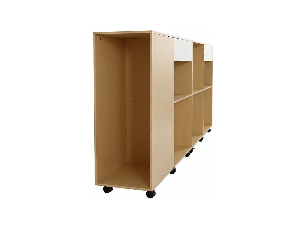 Vetrina 7 nicchie - 2 armadi con rotelle - MDF + Pannello di particelle - Bianco e naturale - 222x34x95 cm