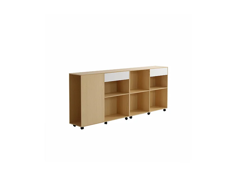 Vitrine mit 7 Fächern - 2 Schränke mit Rollen - MDF + Spanplatte - Weiß und natur - 222x34x95 cm