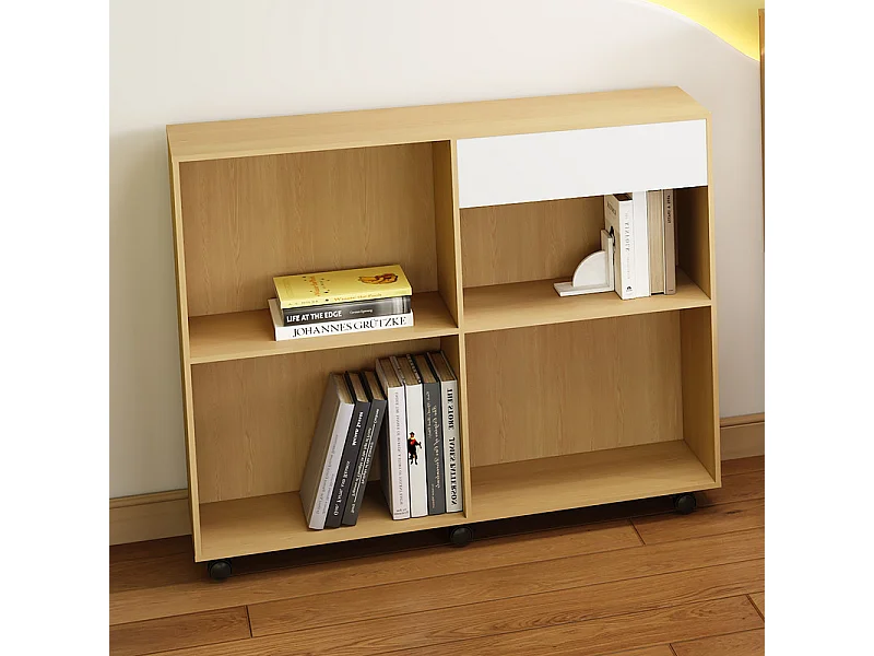 Vitrine 7 niches - 2 Armoires avec roulettes - MDF + Panneau de particule - Blanc et naturel - 222x34x95cm