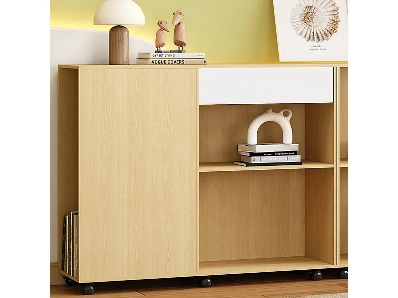 Vitrine 7 niches - 2 Armoires avec roulettes - MDF + Panneau de particule - Blanc et naturel - 222x34x95cm