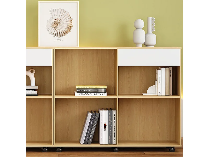 Vitrine 7 niches - 2 Armoires avec roulettes - MDF + Panneau de particule - Blanc et naturel - 222x34x95cm