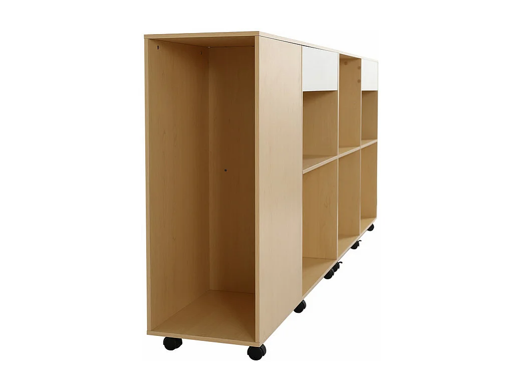 Vitrine 7 niches - 2 Armoires avec roulettes - MDF + Panneau de particule - Blanc et naturel - 222x34x95cm