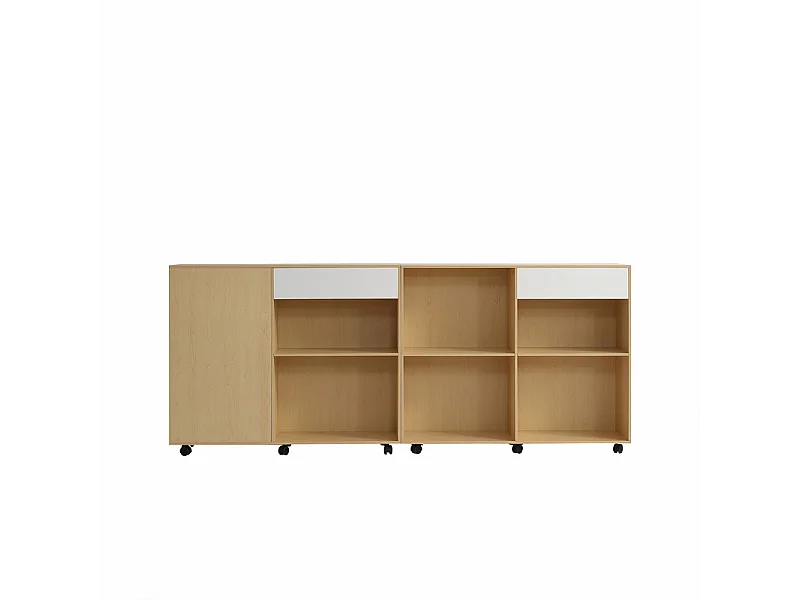 Vitrine 7 niches - 2 Armoires avec roulettes - MDF + Panneau de particule - Blanc et naturel - 222x34x95cm