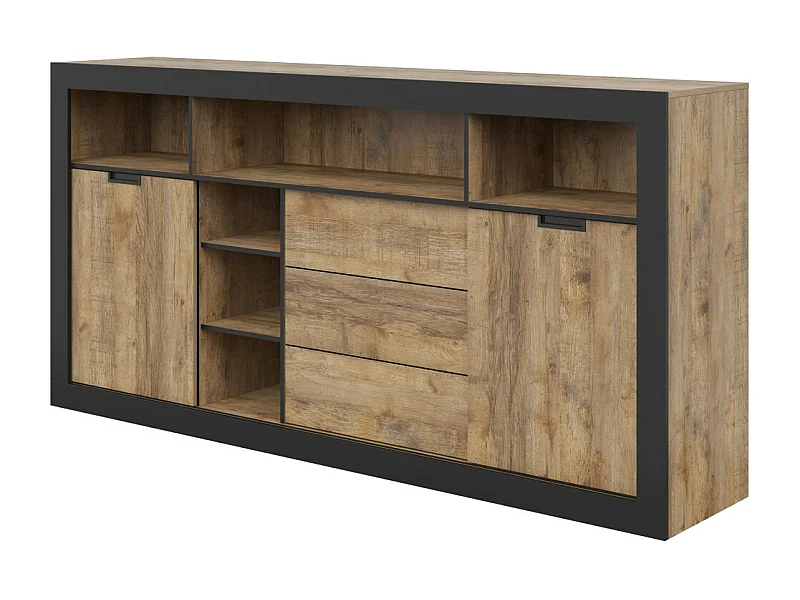 Buffet alto XL MEUNIER – 2 portas deslizantes, 3 gavetas & 6 nichos – Carvalho Samdal & preto fosco