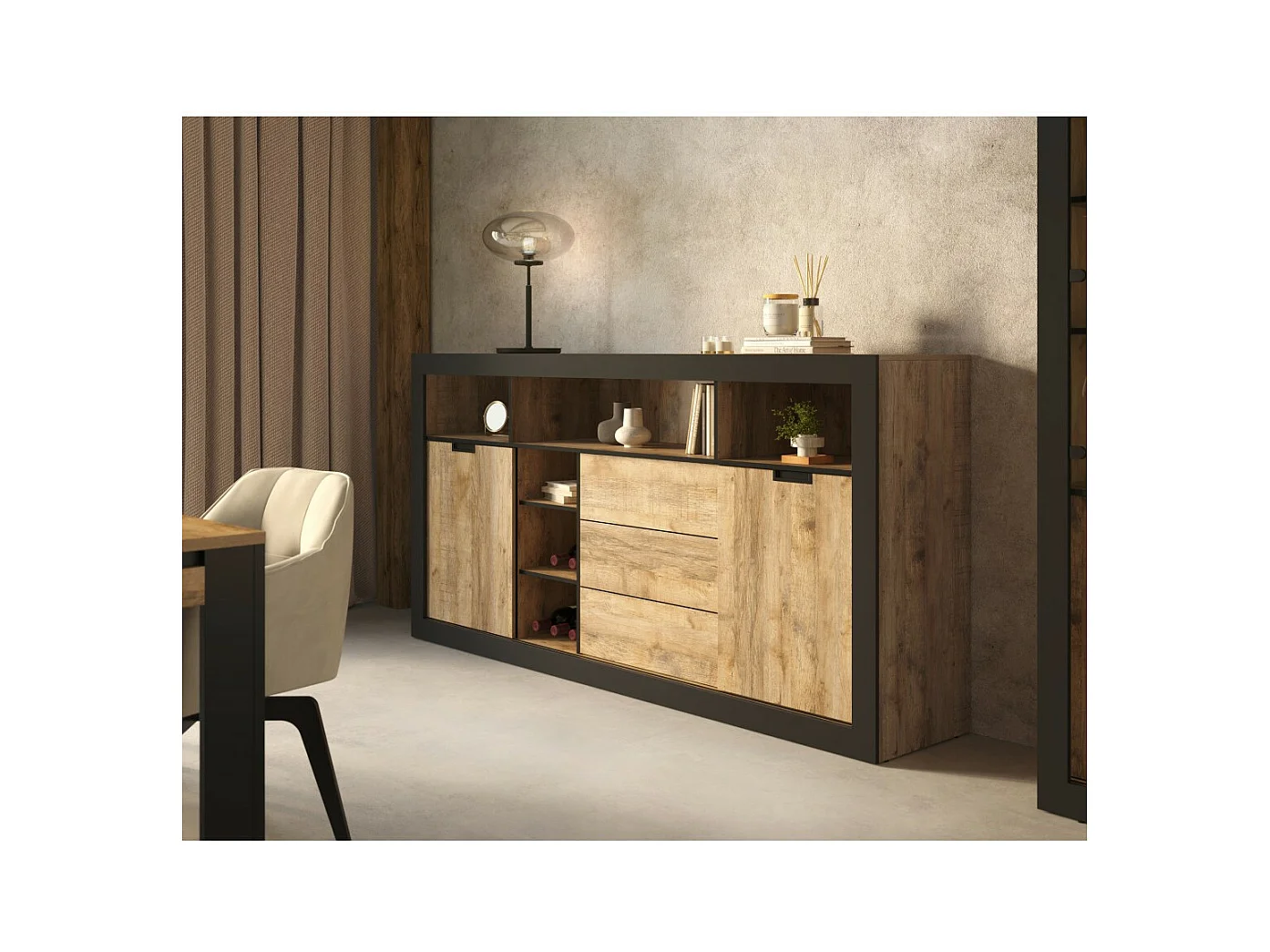 Buffet alto XL MEUNIER – 2 puertas corredizas, 3 cajones & 6 nichos – Roble Samdal & negro mate