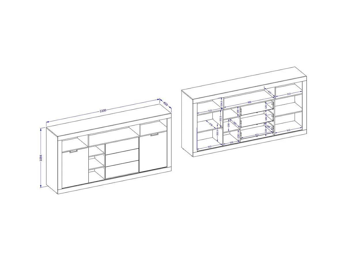 Buffet alto XL MEUNIER – 2 puertas corredizas, 3 cajones & 6 nichos – Roble Samdal & negro mate