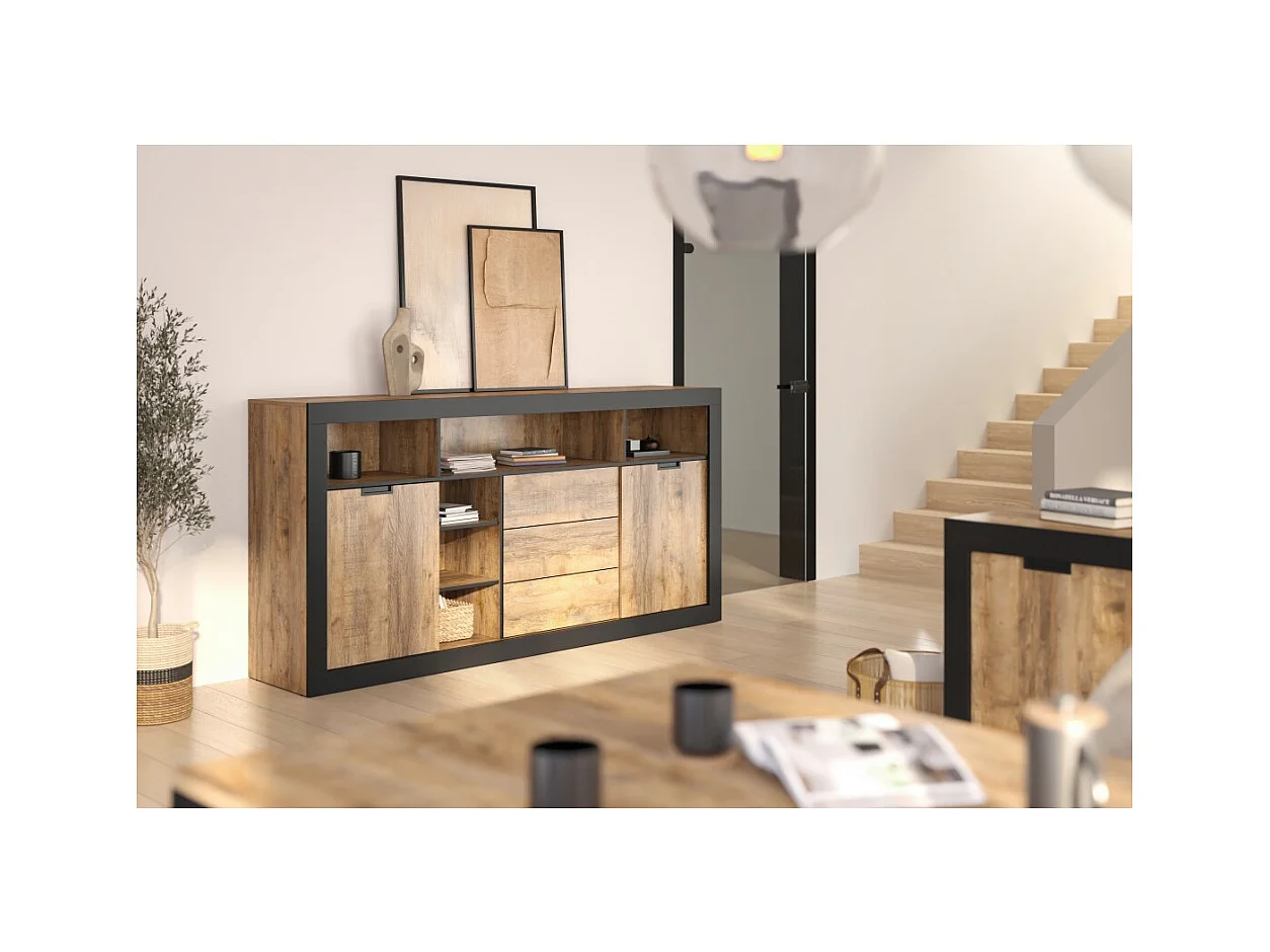 Buffet alto XL MEUNIER – 2 puertas corredizas, 3 cajones & 6 nichos – Roble Samdal & negro mate