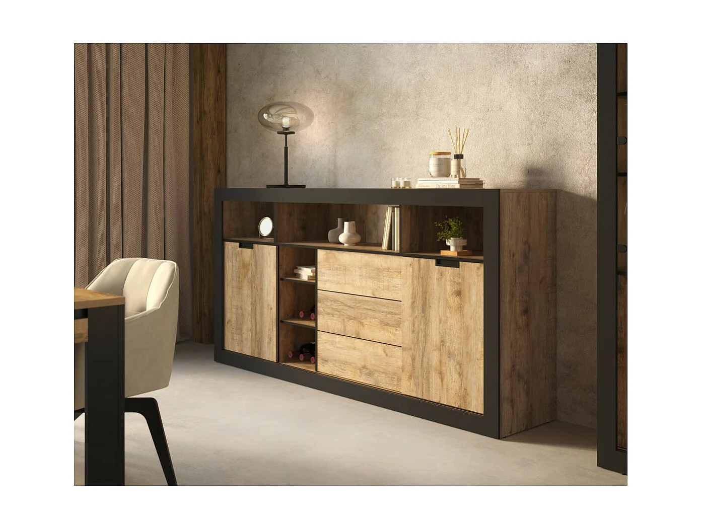 Buffet alto XL MEUNIER – 2 puertas corredizas, 3 cajones & 6 nichos – Roble Samdal & negro mate