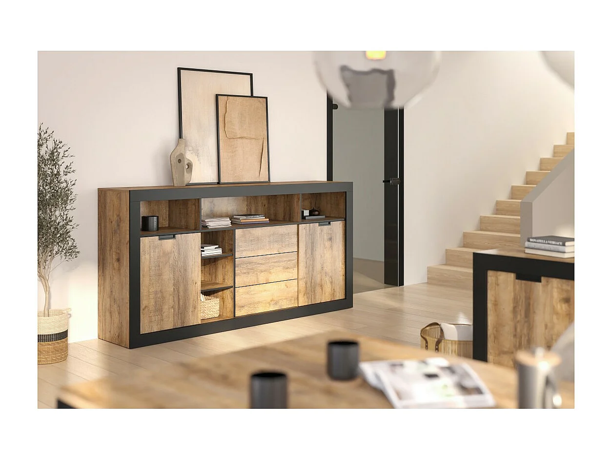 Buffet alto XL MEUNIER – 2 puertas corredizas, 3 cajones & 6 nichos – Roble Samdal & negro mate