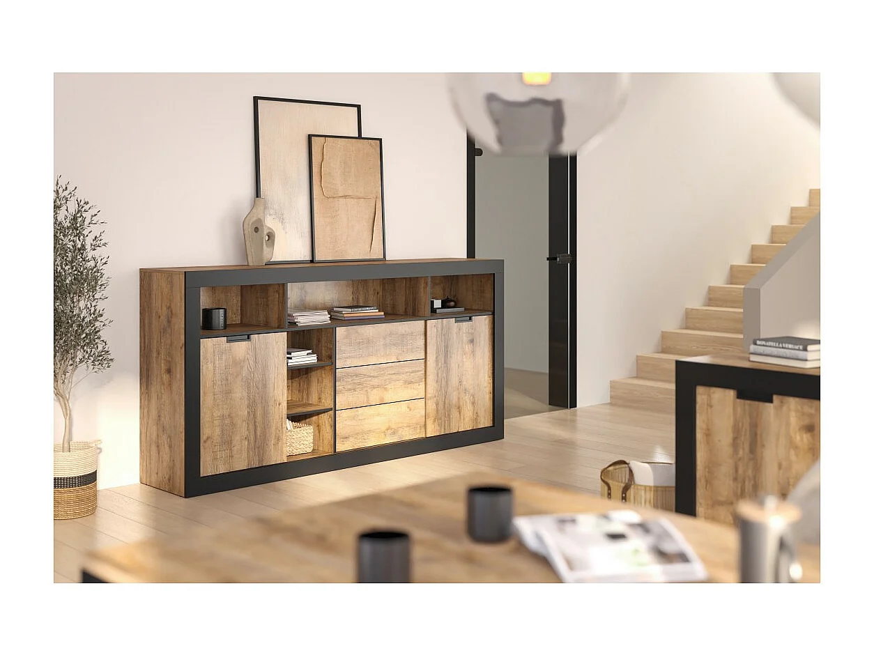 Buffet alto XL MEUNIER – 2 puertas corredizas, 3 cajones & 6 nichos – Roble Samdal & negro mate