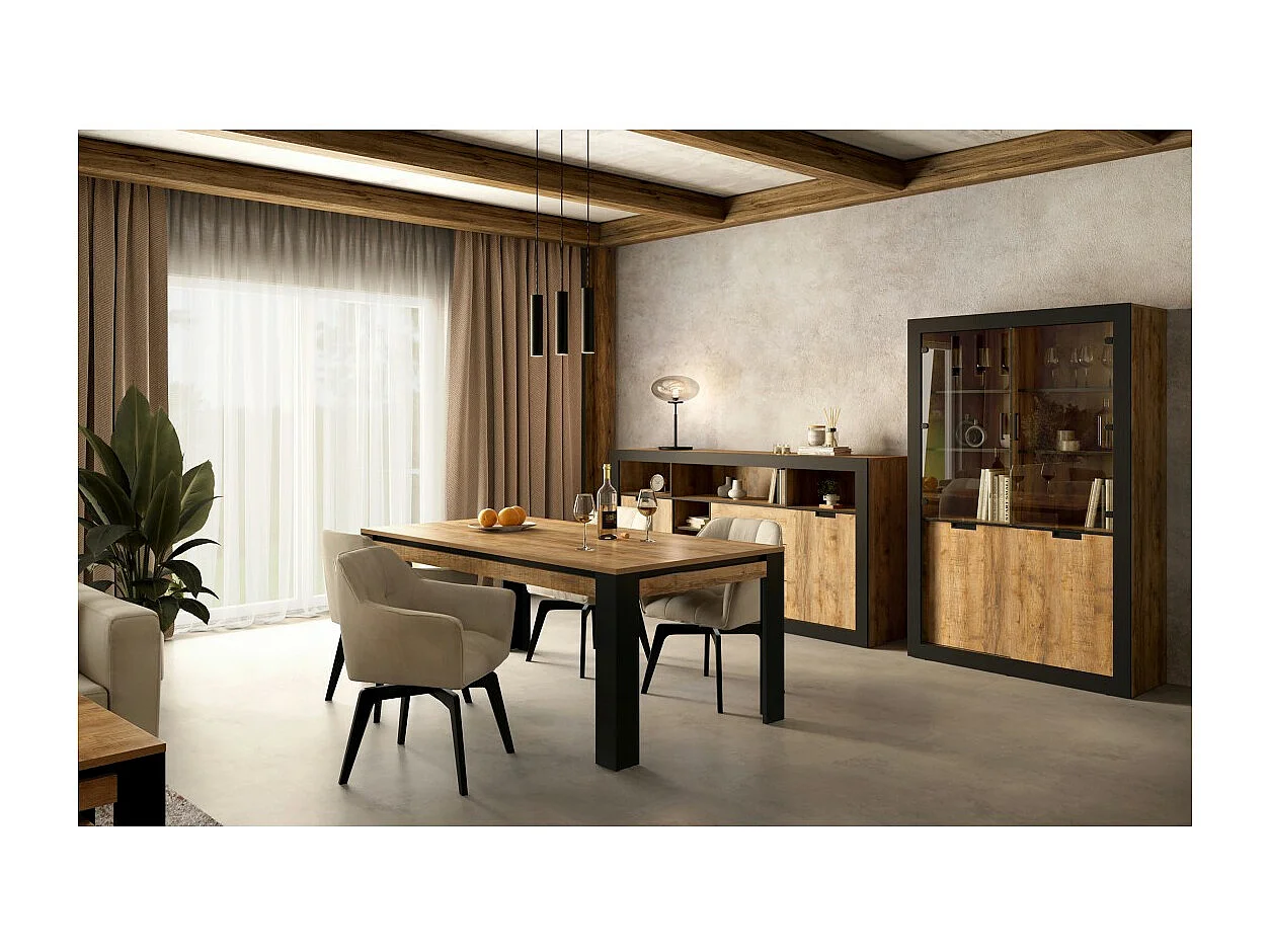 Buffet alto XL MEUNIER – 2 puertas corredizas, 3 cajones & 6 nichos – Roble Samdal & negro mate