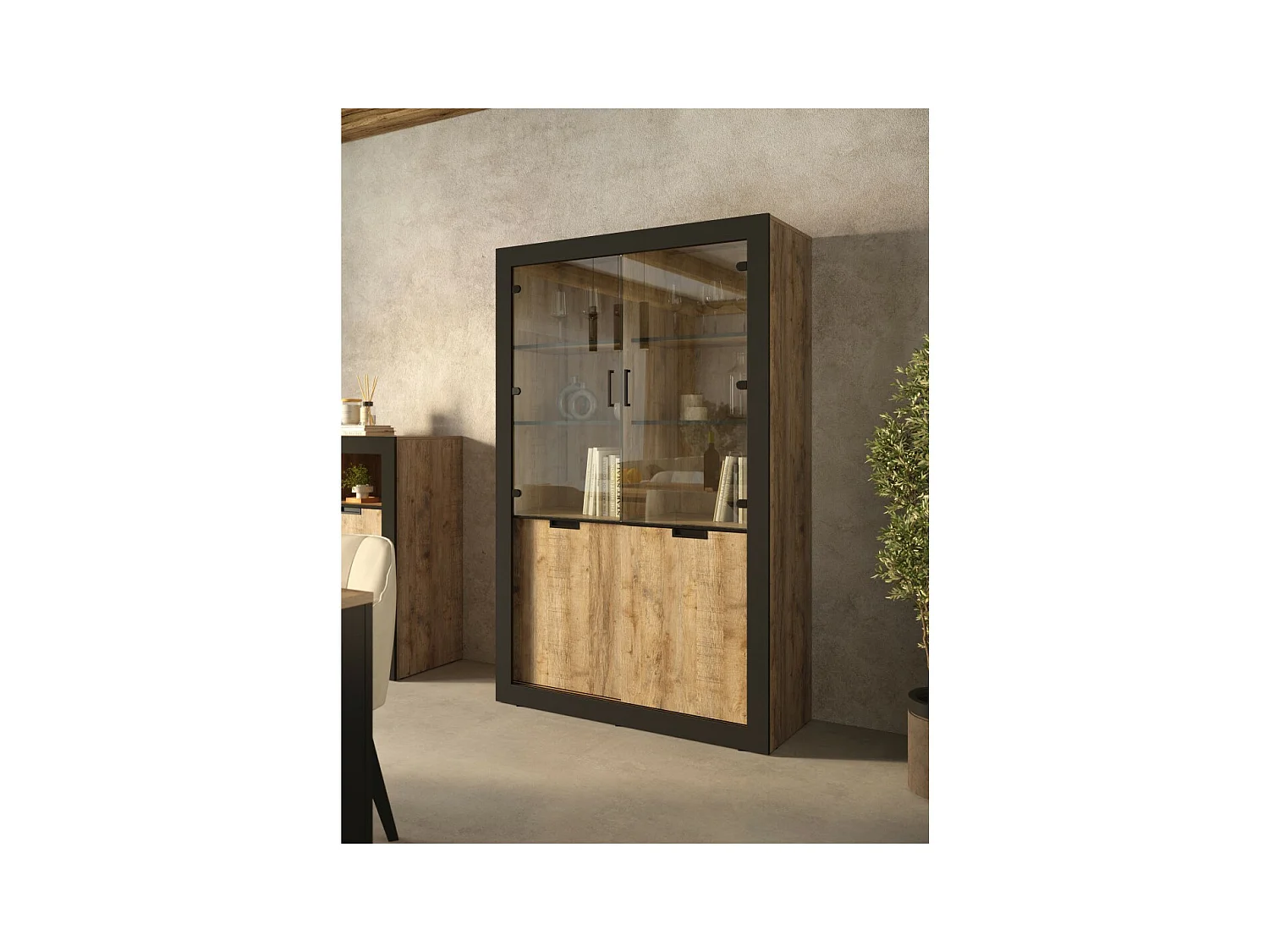 Vitrina diseño colección MEUNIER color Roble samdal y negro mate – 4 puertas