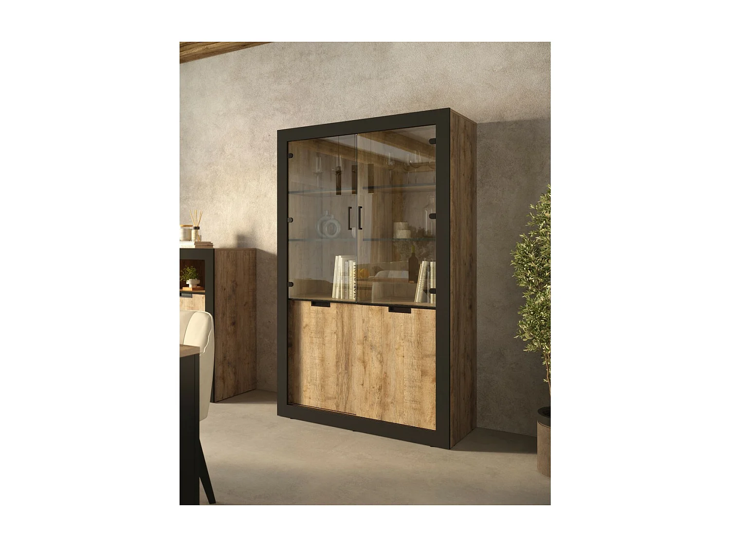Vitrina diseño colección MEUNIER color Roble samdal y negro mate – 4 puertas